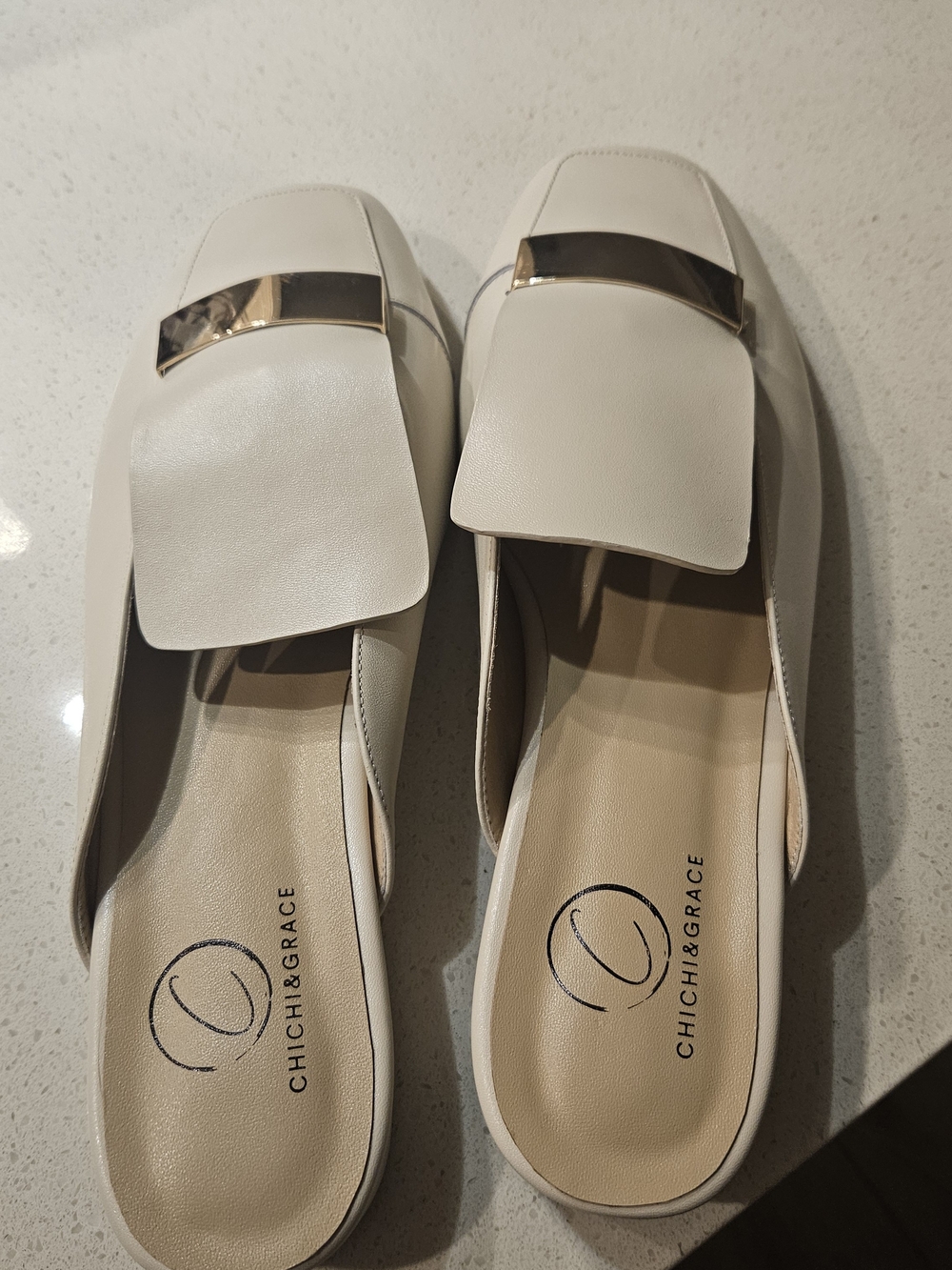 Chichi & Grace Cream Slide Loafers with Gold Accent